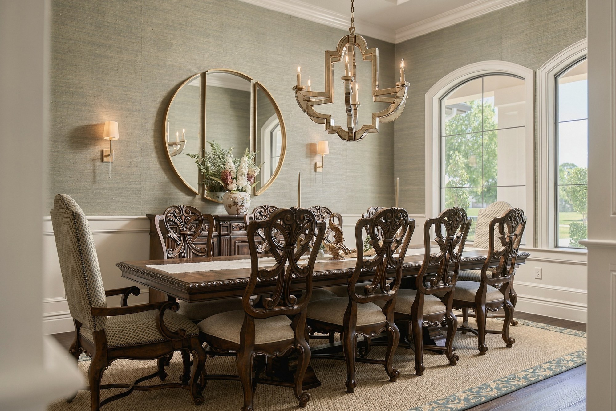 Formal dining room with grasscloth walls, a gold mirror and a mirrored chandelier